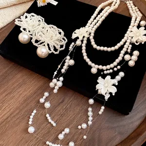 Elegant multi-layer pearl flower necklace for women long fringe sweater chain accessory