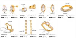 Detailed catalog of gold stainless steel jewelry with zirconia stones and measurements