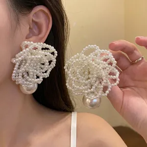 Elegant oversized white pearl flower cluster stud earrings for women luxury style