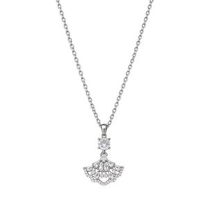 Elegant silver-toned fan-shaped pendant necklace featuring sparkling clear zircon stones