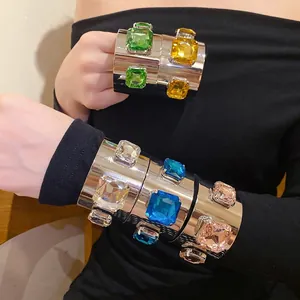 Vintage silver open cuff bracelet set with large colorful square crystals for women