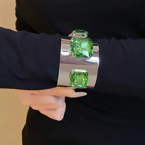 Exquisite vintage silver cuff bracelet with large square emerald green crystals for women