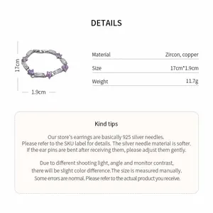 Detailed specifications of purple zircon flower bracelet with size, weight and material info