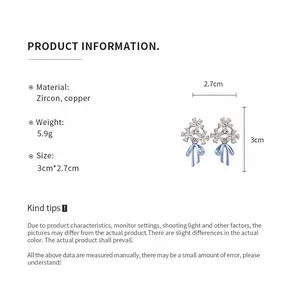 Product size and material details for zircon flower earrings with blue enamel bows