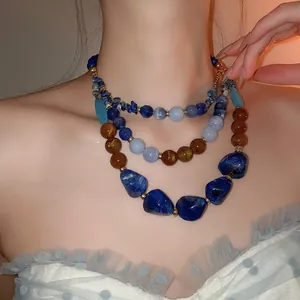 Collier multi-rangs en perles de résine style rétro ethnique bleu et ambre pour femme