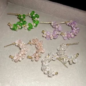 Exquisite handmade beaded C-shape earrings with glass pearls and colorful crystal beads