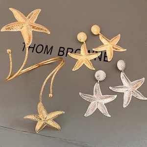 Women Vintage Pleated Metallic Starfish Drop Earrings Arm Cuff Bracelet Gold Silver Sea Life Fashion Jewelry High End Feel