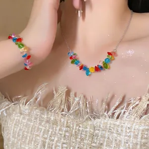 Stainless Steel Colorful Beaded Necklace And Bracelet Ethnic Style Irregular Glass Beads Clavicle Chain For Women Jewelry