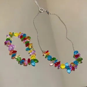 Handmade colorful beaded stainless steel necklace and bracelet jewelry set for women