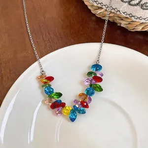 Colorful beaded stainless steel necklace with bohemian leaf-shaped glass charms