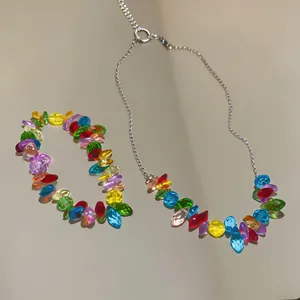 Colorful beaded necklace and bracelet set with stainless steel chain detailed view