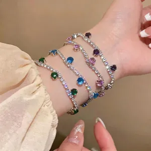 Fashion Dopamine Zircon Bracelet For Women Round Colorful Copper Zirconia Tennis Bracelet Elegant Minimalist Hand Chain Jewelry