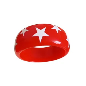 Red resin chunky bangle bracelet with white star pattern vintage pop style for women