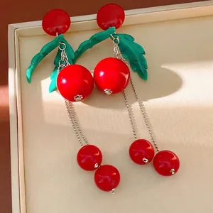 Vintage Orecchini a Bottone con Nappa in Resina di Ciliegio Con Perno in Argento Sterling 925 Foglia Rossa Verde per Gioielli Donna