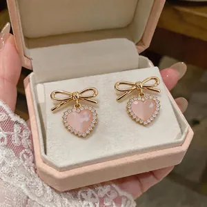 Sweet Pink Heart Stud Earrings With Gold Bowknot Cat's Eye Stone Rhinestone Inlaid Elegant Women Fashion Jewelry Accessories