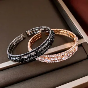 Pulsera de Puño Abierta Elástica de Múltiples Capas con Strass y Perlas Artificiales Diseño Geométrico de Lujo Vintage Joyería de Moda para Mujer