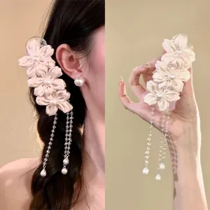 Sweet Pink Fabric Flower Hair Clip With Long Pearl Tassel Handmade Duckbill Clip For Women Travel Daily Hair Accessories