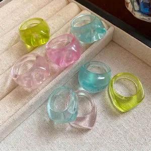 Dopamine Style Resin Rings Set For Women Irregular Geometric Transparent Jelly Colorful Index Finger Ring Fashion Jewelry
