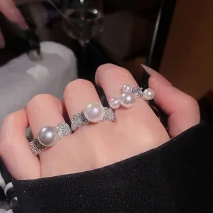 Elegant French style pearl open ring with sparkling zircon in retro court design