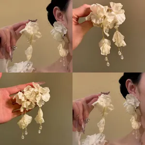 Elegant Fabric Flower Tassel Stud Earrings With Steel Earring Post Artificial Pearl Flower Dangle Jewelry For Women