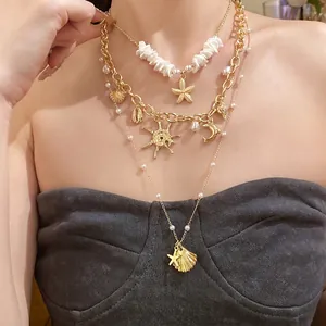 Set Collana Multistrato Boho per Donna Ciondolo Stella Marina Conchiglia Lega Placcata Oro Gioielli da Spiaggia Perle