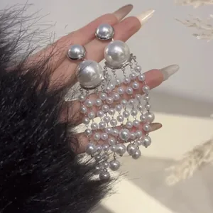 French Vintage Artificial Pearl Tassel Drop Earrings Silver Earring Post For Women Fashion Elegant Long Fringe Jewelry