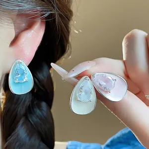 Elegant teardrop stud earrings with zircon and colorful enamel on S925 silver needles