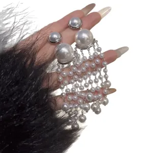 Elegant French retro white pearl tassel drop stud earrings for women with silver needle
