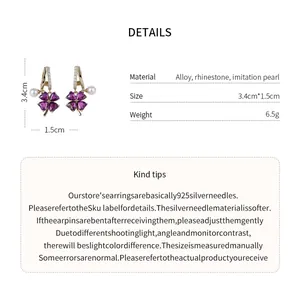 Detailed view of elegant purple flower pearl earrings with material and size parameters
