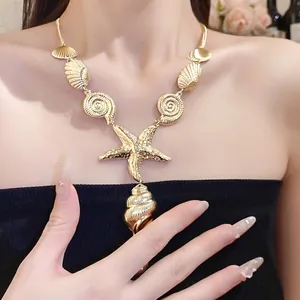 Gold Alloy Starfish Shell Ocean Pendant Necklace With Artificial Pearl Vintage Vacation Style Jewelry Gift For Women