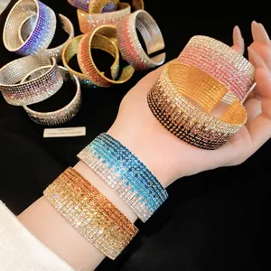 Vintage Copper Rhinestone Multi Layer Gradient Elastic Open Cuff Bracelet Exquisite Fashion Bangle Light Luxury Women Jewelry