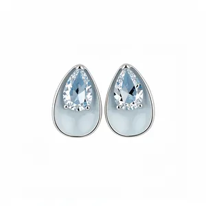 Elegant light blue enamel teardrop stud earrings with sparkling pear-cut zircon stones