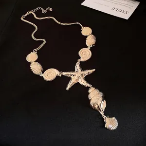 Elegant gold starfish and seashell pendant necklace with a delicate pearl detail