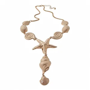 Elegant gold-toned metal necklace featuring starfish and seashell pendants in ocean style
