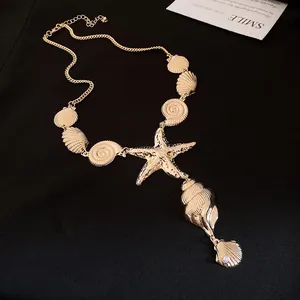 Detailed view of a gold-finish necklace featuring starfish, shell pendants, and a pearl.