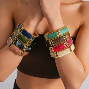 Western Retro Resin Rectangle Patchwork Elastic Rope Bracelet For Women Gold Alloy Geometric Chunky Niche Hand Jewelry Gift