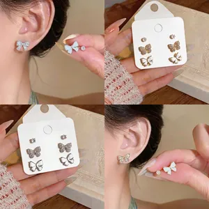 Bow Knot Stud Earrings Set Gold Silver Plated Copper Zirconia Sweet Ribbon Style Jewelry Gift For Women With Sterling Silver Post
