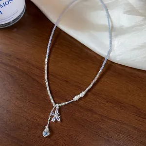 Elegant zircon butterfly beaded necklace with crushed silver and blue beads fashion