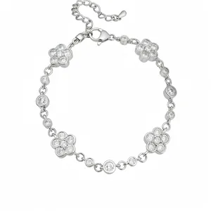 Elegant silver-toned bracelet featuring sparkling zircon flowers and adjustable chain