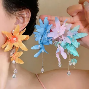Korean Style Fabric Flower Tassel Stud Earrings For Women With 925 Sterling Silver Post Zirconia Artificial Pearl Dangle Earrings