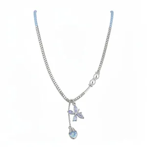 Elegant silver box chain necklace with blue beads and zircon butterfly pendant