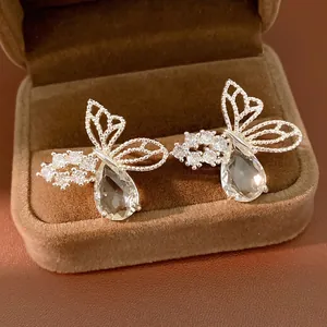 Fashion Butterfly Teardrop Hollow Stud Earrings With Silver Earring Post Inlaid Zirconia Light Luxury Copper Earring For Women Jewelry