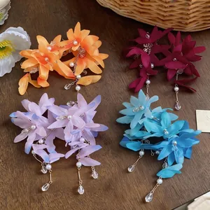 Elegant fabric flower tassel earrings with pearls and silver needles in four colors.