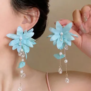 Elegant light blue fabric flower tassel earrings with pearls and silver needles