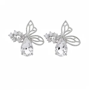 Elegant silver needle butterfly stud earrings featuring sparkling pear-shaped zircon
