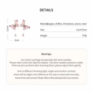Detailed size and material specifications for pink chiffon butterfly stud earrings.