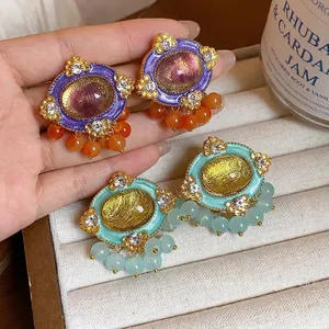 Vintage Oval Resin Rhinestone Inlaid Stud Earrings For Women Retro Palace Style Elegant Jewelry With Silver Earring Post