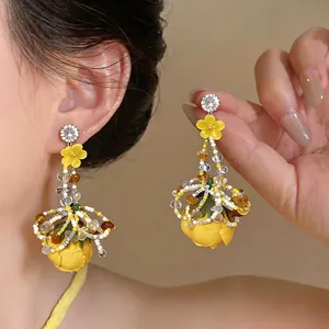 Sweet Resort Style Flower Tassel Drop Earrings For Women Fabric Floral Rhinestone Handmade Jewelry With 925 Sterling Silver Earring Post
