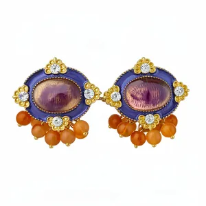 Elegant vintage oval resin earrings with clear rhinestones and hanging orange beads