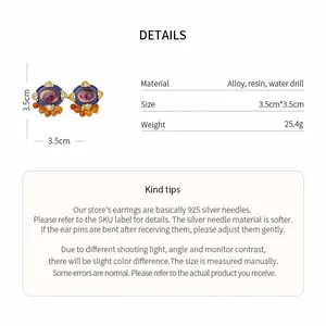 Detailed product specifications for retro oval resin earrings with silver needles.